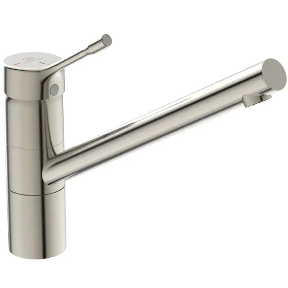 Küchenarmatur von Ideal Standard mit hohem Auslauf, einfacher Bedienung. Detaillierte Ausführung und minimalistische Form.